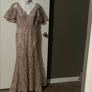 Embroidered V-Neck Lace Evening Gown in Dusty Rose Size 12